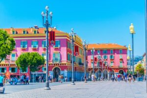 NICE, FRANCE, JUNE 11, 2017: People are strolling through massena square in the center of Nice, France