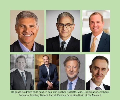 De gauche à droite et de haut en bas, Christopher Nassetta, Mark Hoplamazian, Anthony Capuano, Geoffrey Ballotti, Patrick Pacious, Sébastien Bazin et Elie Maalouf@ credis Hospitality Companies