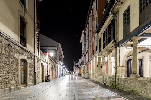 Night in the old Spanish city of Aviles, Asturias @ credit Depositphotos