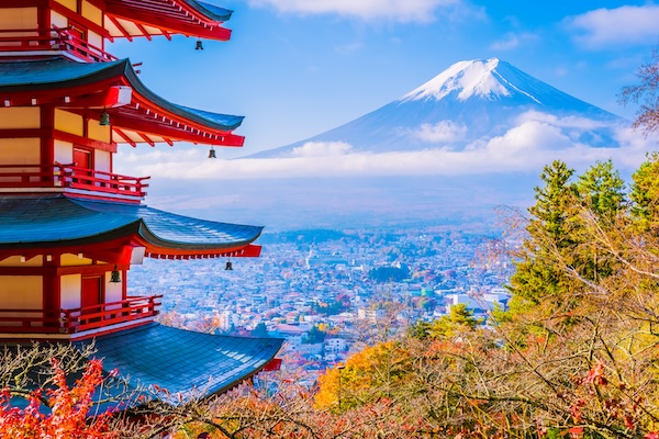 Beautiful landscape of mountain fuji with chureito pagoda around maple leaf tree in autumn season @ credit Depositphotos