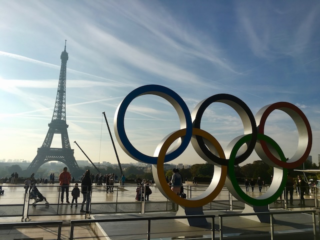 Olympic games symbol on Trocadero place in front of the Eiffel tower @ credit Depositphotos