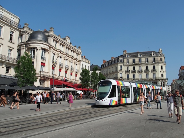 Angers, France, July 2013, tramway in the town center square