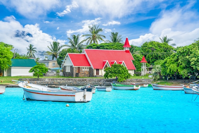 Landscape with Red church at Cap Malheureux village, Mauritius Island
