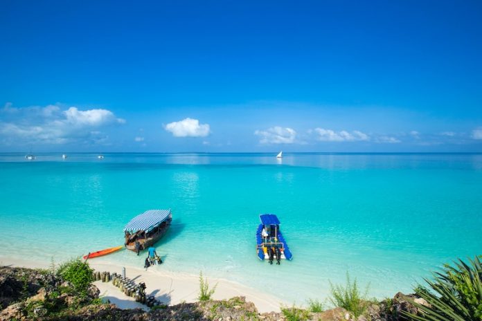 sea in Zanzibar beach. Natural tropical water paradise. nature relax. Travel tropical island resort.