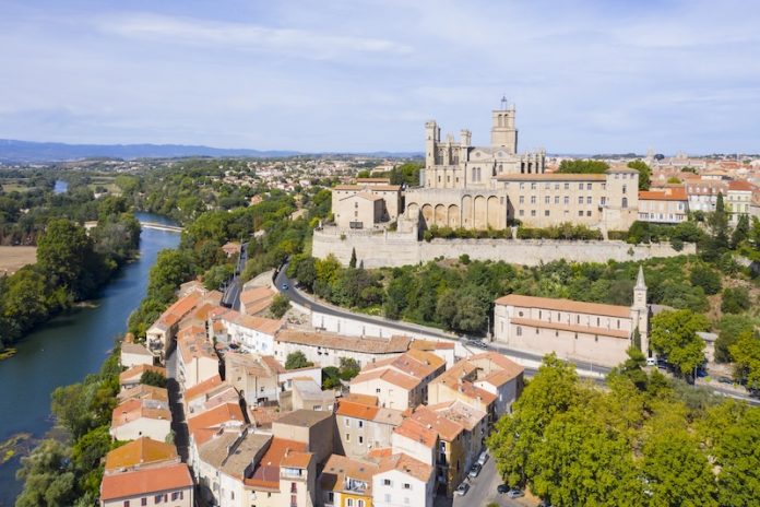 Aerial view of Beziers city with Saint-Nazaire Cathedral