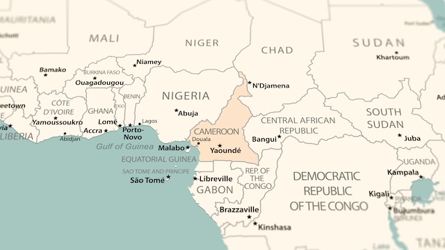 Cameroon on the world map. Shot with light depth of field focusing on the country @ credit Depositphotos