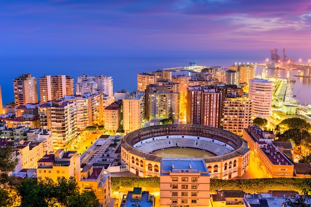 Malaga, Spain skyline towards the Mediterranean Sea.