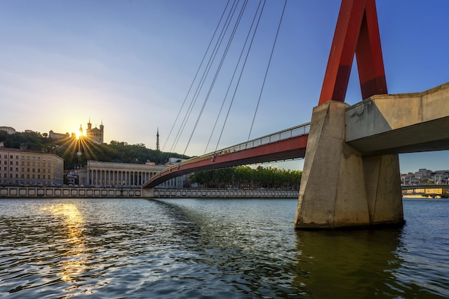 View of Lyon at sunset, France, Europe