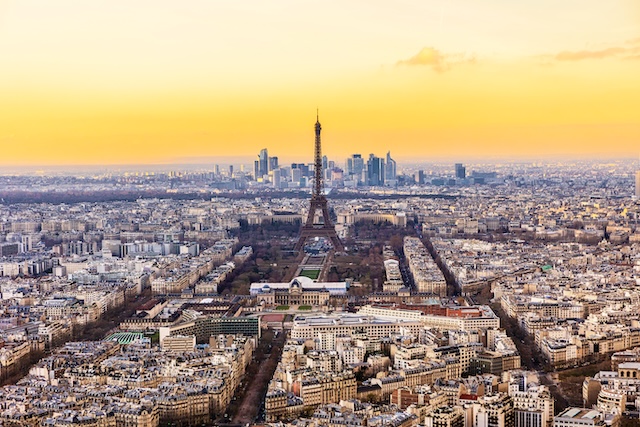 Aerial sunset view of Paris with Eiffel tower, France.