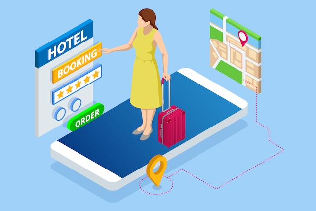 Isometric online hotel booking concept. Young woman holding