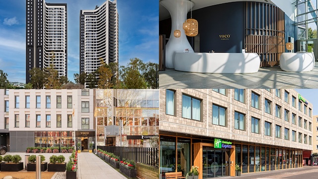 En haut à gauche : Staybridge Suites Malaga, Espagne, En haut à droite : voco Milan, Italie, En bas à gauche : voco Londres – Marylebone, Royaume-Uni, En bas à droite : Holiday Inn Express Almere, Pays-Bas