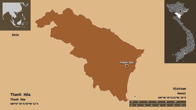 Shape of Thanh Hoa, province of Vietnam, and its capital. Distance scale, previews and labels. Composition of patterned textures. 3D rendering