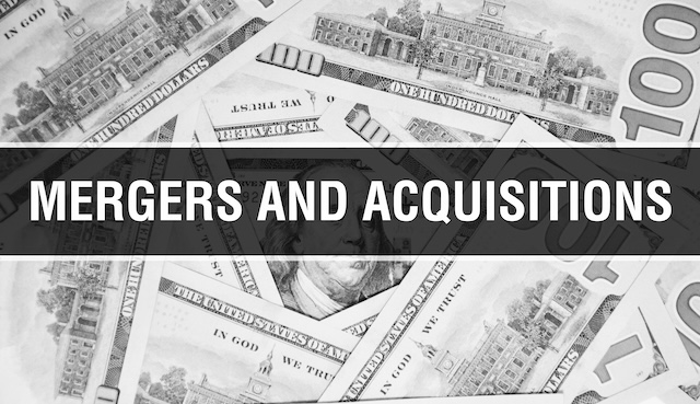 Mergers and acquisitions text Concept Closeup. American Dollars Cash Money,3D rendering. Mergers and acquisitions at Dollar Banknote. Financial USA money banknote Commercial money investment profit