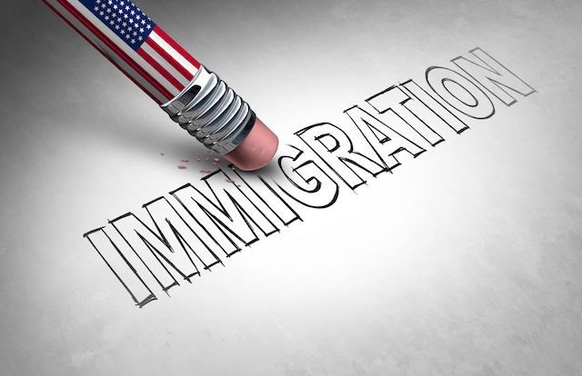 US Immigration Control and United States anti-immigration concept or American immigrant refugee crisis as a symbol of migration being erased with a US flag as a social issue on refugees or illegal immigrant deportation policy.