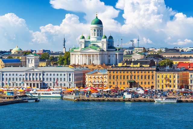 Scenic summer panorama of the Market Square (Kauppatori) at the Old Town pier in Helsinki, Finland