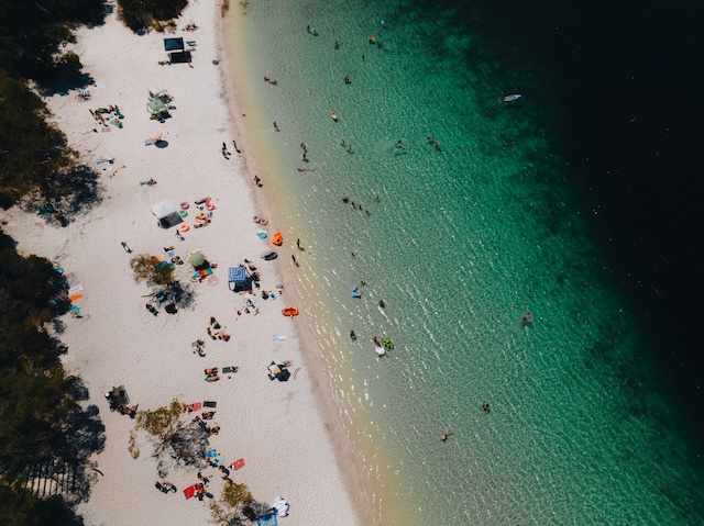 Aerial Drone shot Lake McKenzie, Fraser Island also called kgari, Queensland QLD, Australia