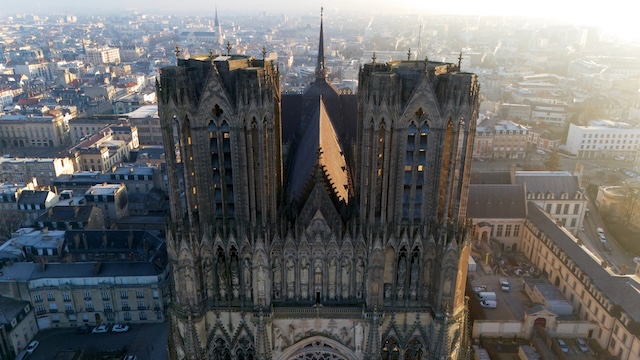 Aerial Close-Up of Reims Cathedral Towers and Gothic Details, France