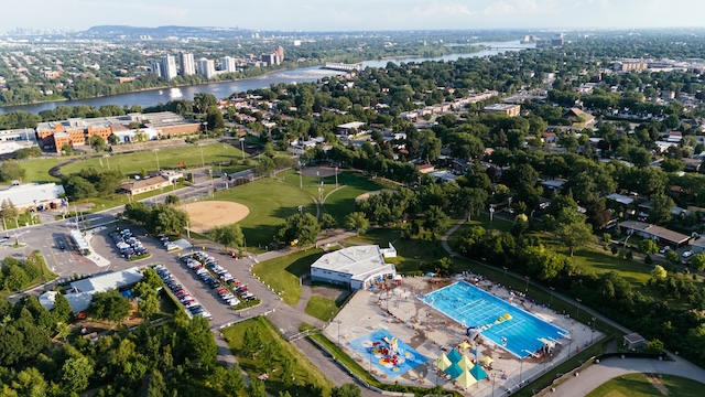 Drone aerial view of Laval the suburb of Montreal. Quebec , Canada.