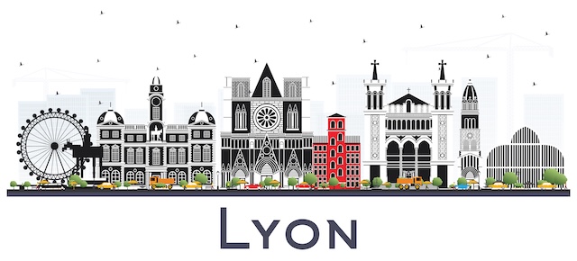 Lyon France City Skyline with Color Buildings Isolated on White.