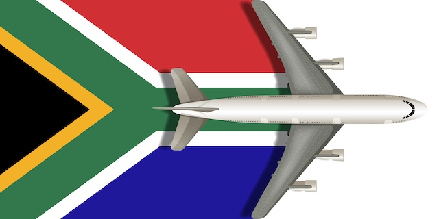 Flag of SOUTH AFRICA with a plane flying over it close up. Vector image.