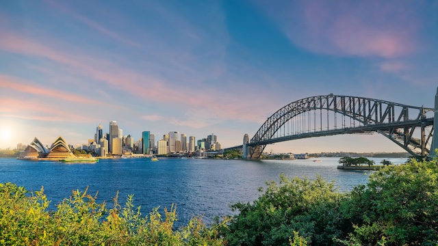 Downtown Sydney skyline in Australia at sunset
