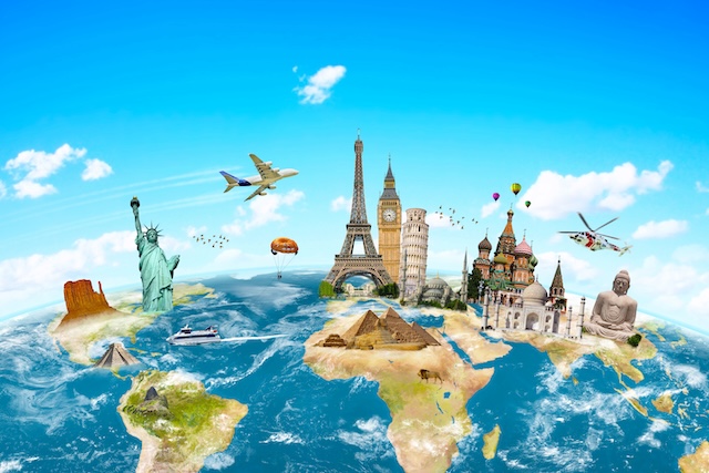 Famous monuments of the world grouped together on planet Earth