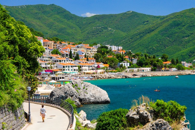 The picturesque city Herceg Novi, Montenegro, in the mountains, shore of Kotor. Scenic summer resort landscape in Herceg Novi. Spring in Crna Gora