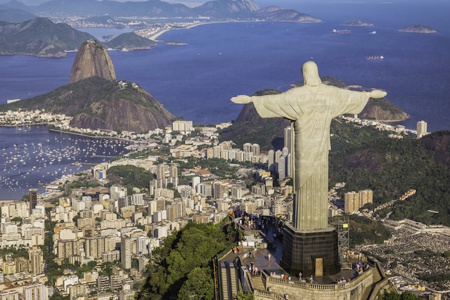 Rio de Janeiro, Brazil : Aerial view of Christ and Botafogo Bay from high angle