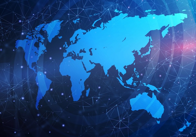 Illustration with world map and global connections network grid against blue background @ credit Depositphotos.com