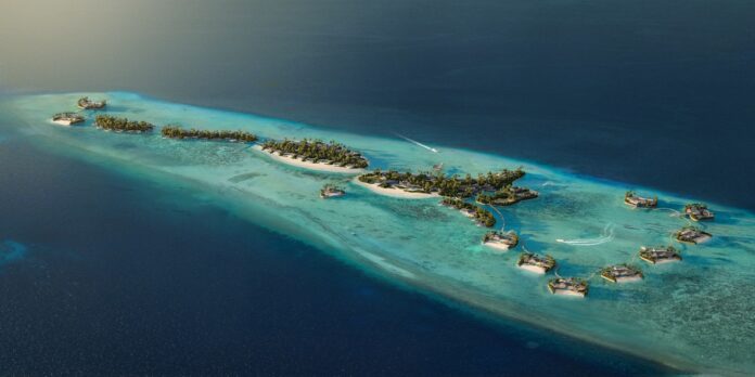 Drone rendering of Nobu Hotel, Residences, and Restaurant Maldives