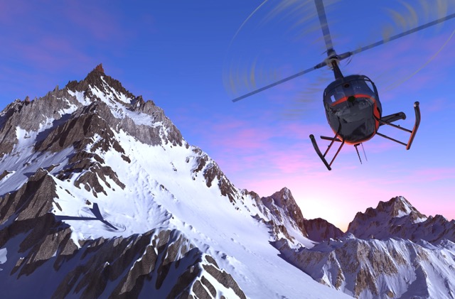 Civilian helicopter over the mountains.